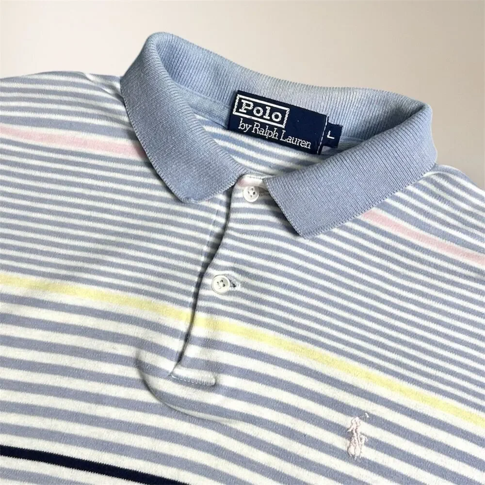 Polo Ralph‎ Lauren Men’s L Lavender Pink Yellow Striped Cotton Short Sleeve Polo